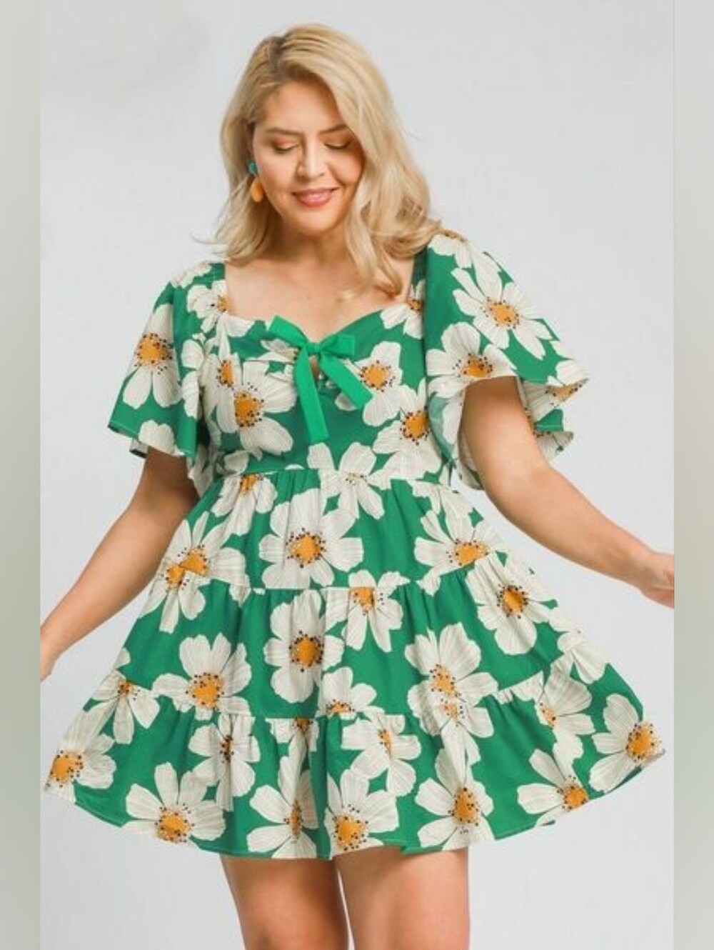 Umgee Green Full Size Daisy Print Mini Dress w/ Ribbon Detail Size Large
